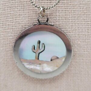 Vintage Necklace With Mother Of Pearl Cactus Pendant Silver Tone 18 Inch